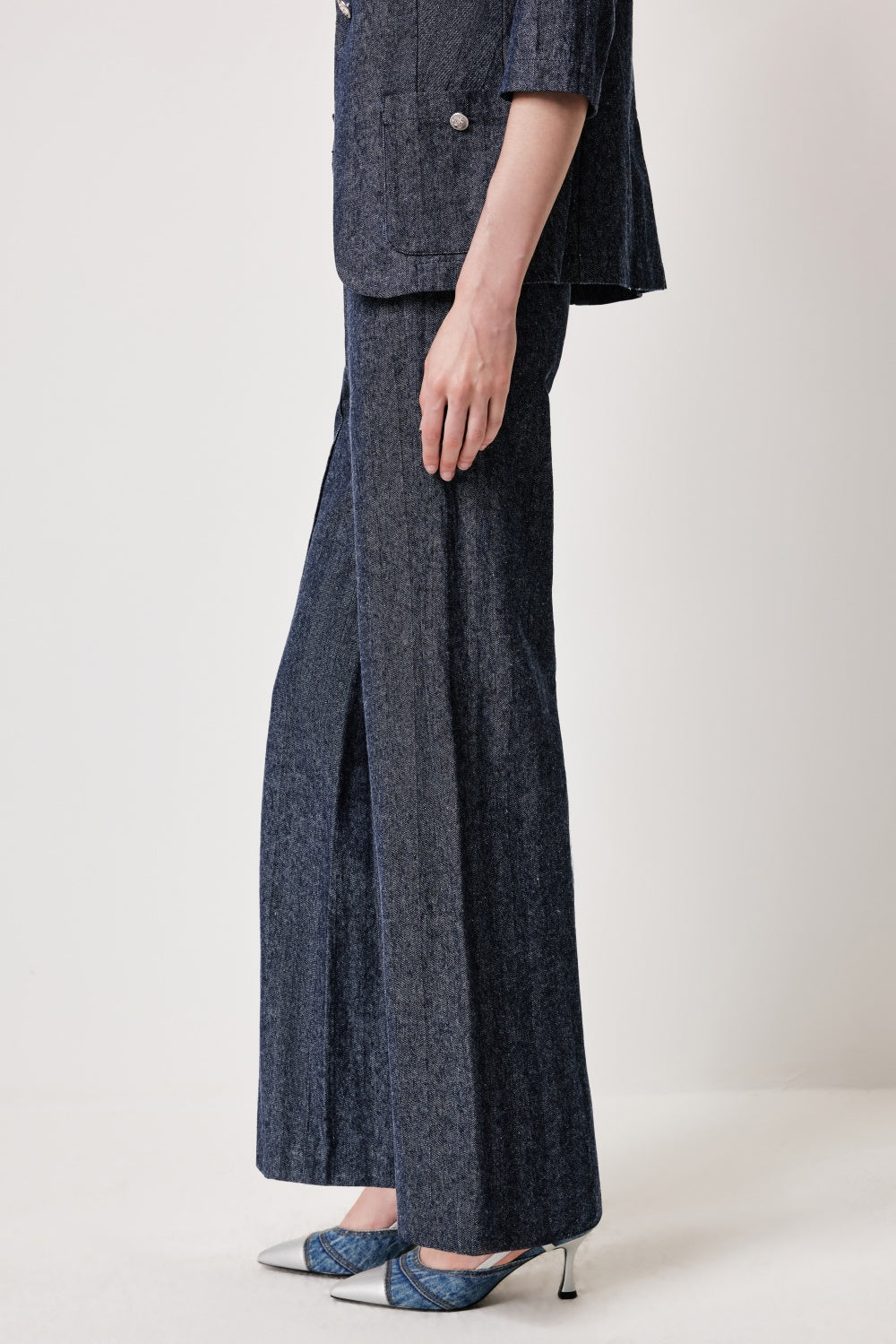 MARYLING Denim Blue Linen-Cotton Blend Trousers