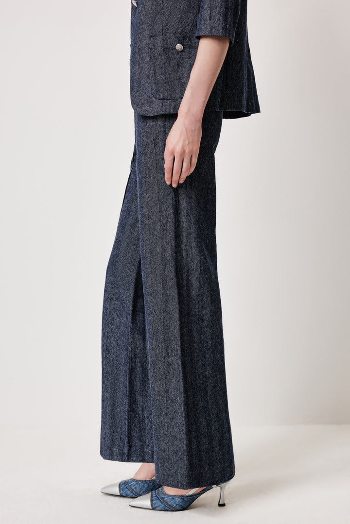 MARYLING Denim Blue Linen-Cotton Blend Trousers
