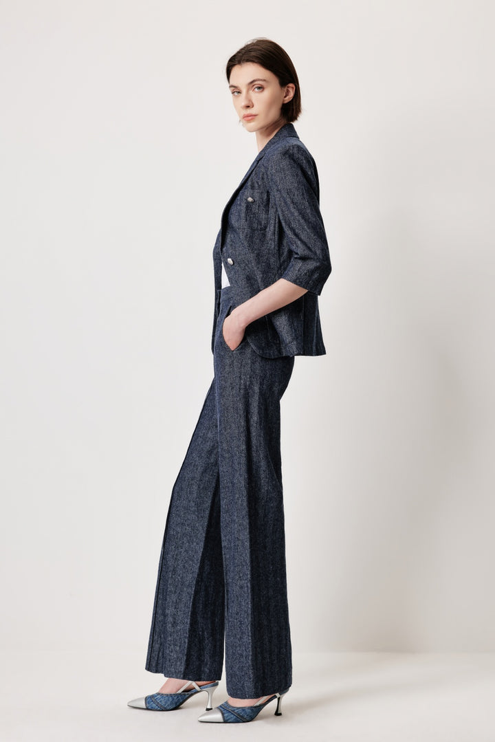 MARYLING Denim Blue Linen-Cotton Blend Trousers