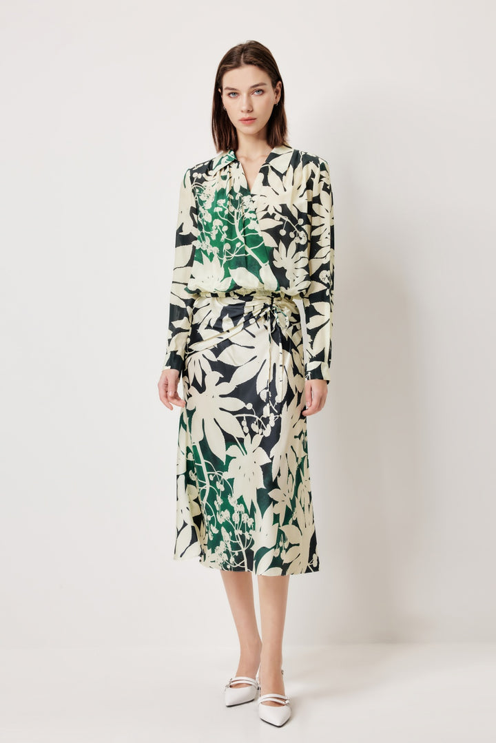 MARYLING Green Apricot Tree Shadow High-Waist Silk Skirts