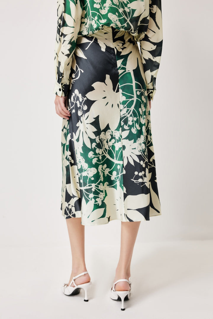 MARYLING Green Apricot Tree Shadow High-Waist Silk Skirts