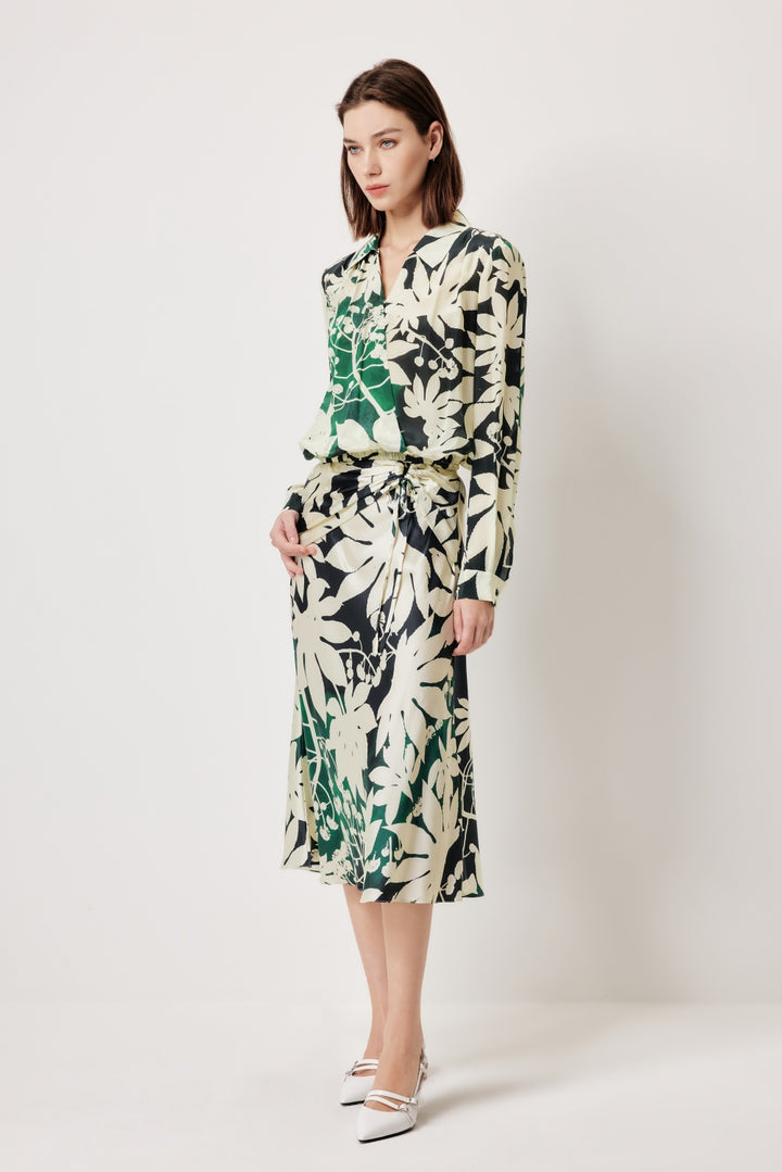MARYLING Green Apricot Tree Shadow High-Waist Silk Skirts