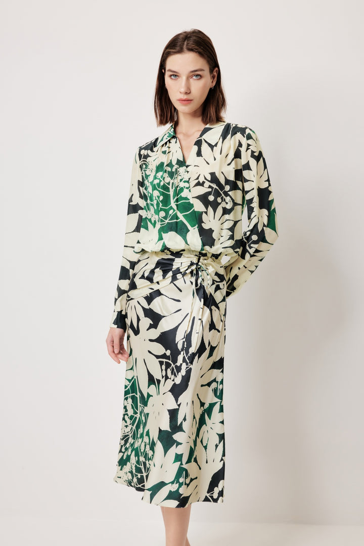 MARYLING Green Apricot Tree Shadow High-Waist Silk Skirts