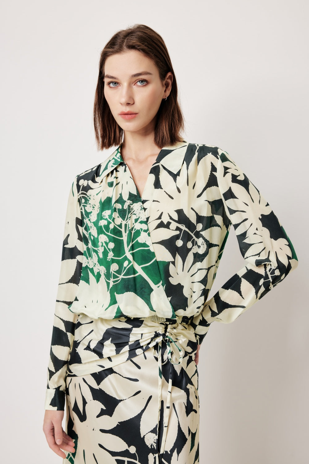MARYLING Green Apricot Tree Shadow High-Waist Silk Skirts