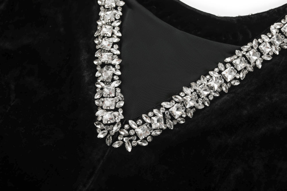 MARYLING Black V‑Neck Evening Jumpsuit with Crystal Details