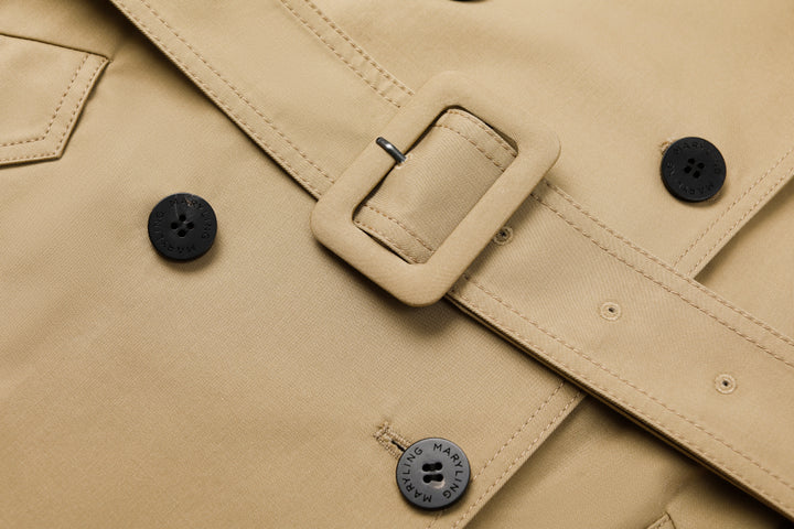 MARYLING Khaki Coat – Wide Belt & Vintage Texture