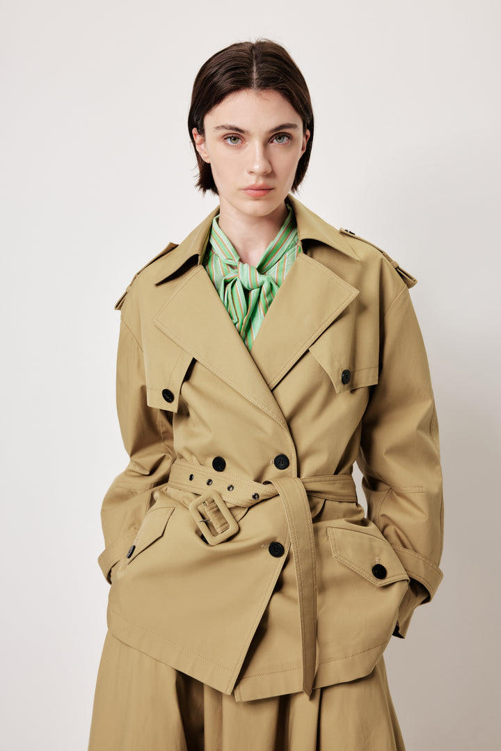 MARYLING Khaki Coat – Wide Belt & Vintage Texture
