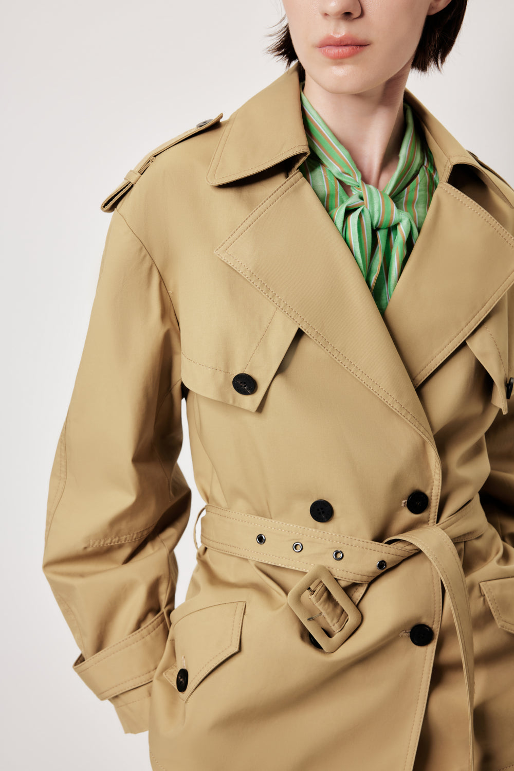 MARYLING Khaki Coat – Wide Belt & Vintage Texture