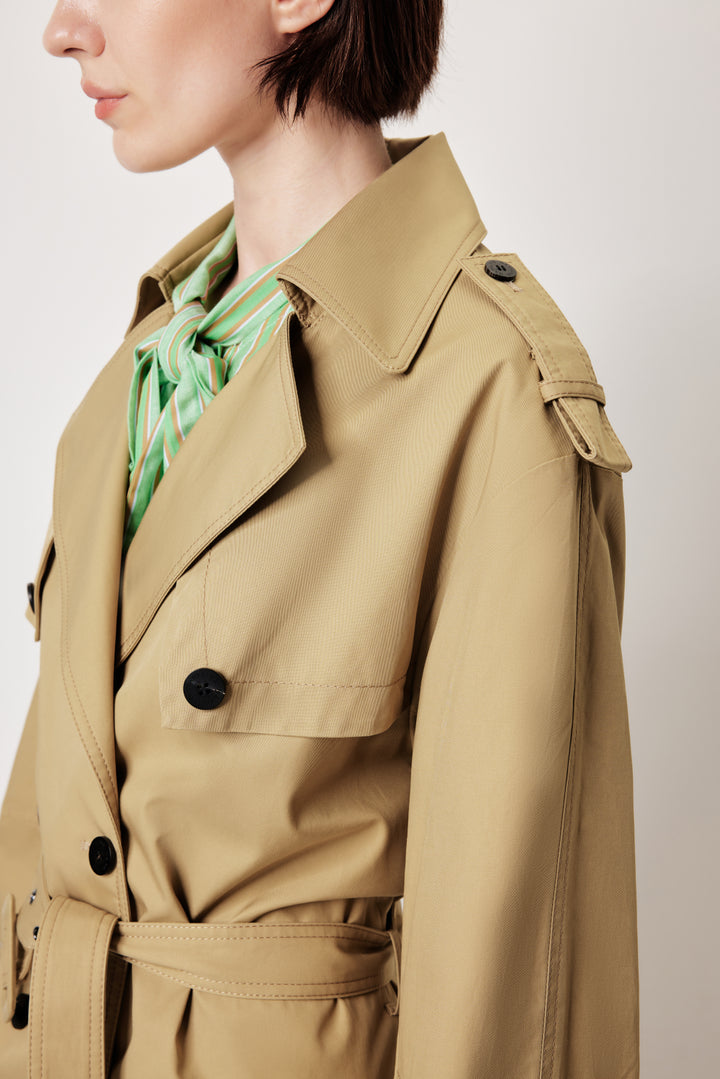 MARYLING Khaki Coat – Wide Belt & Vintage Texture