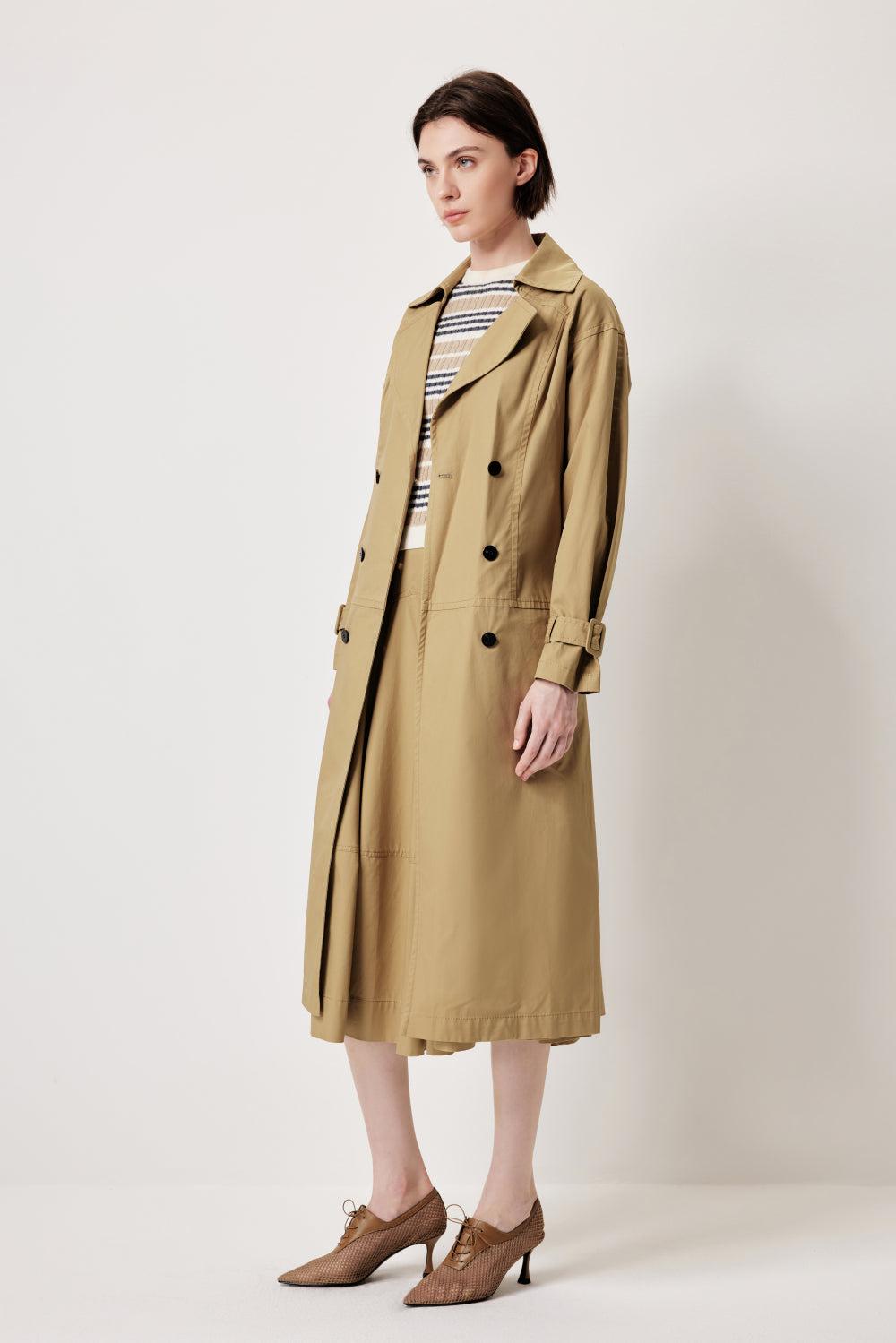 MARYLING Vintage‑Inspired Khaki Coat with Waist Belt