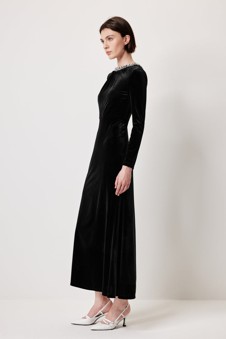MARYLING Black V‑Neck Evening Jumpsuit with Crystal Details