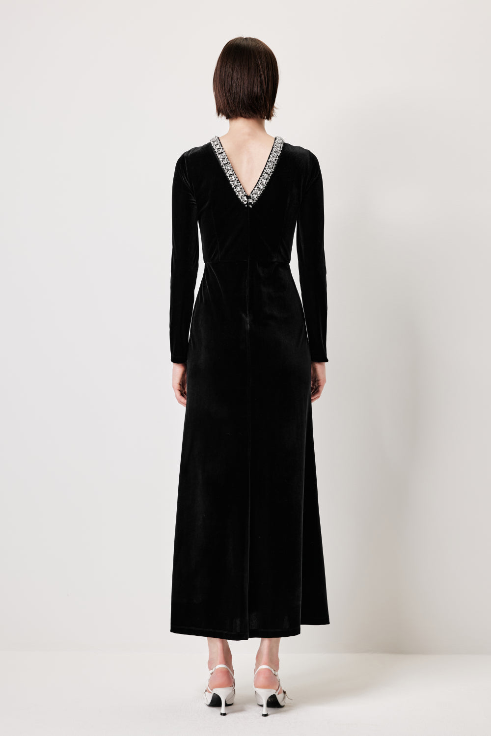 MARYLING Black V‑Neck Evening Jumpsuit with Crystal Details