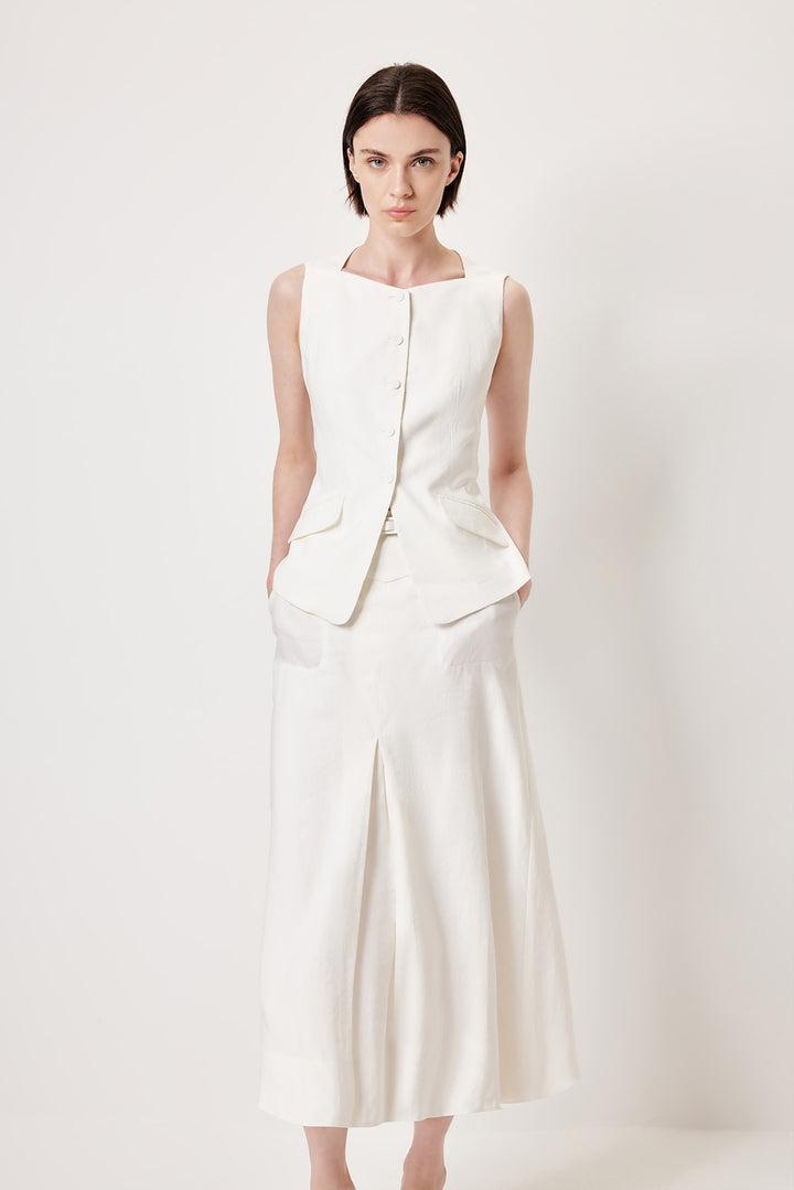 MARYLING White High-Waist A-Line Flared Midi Skirts