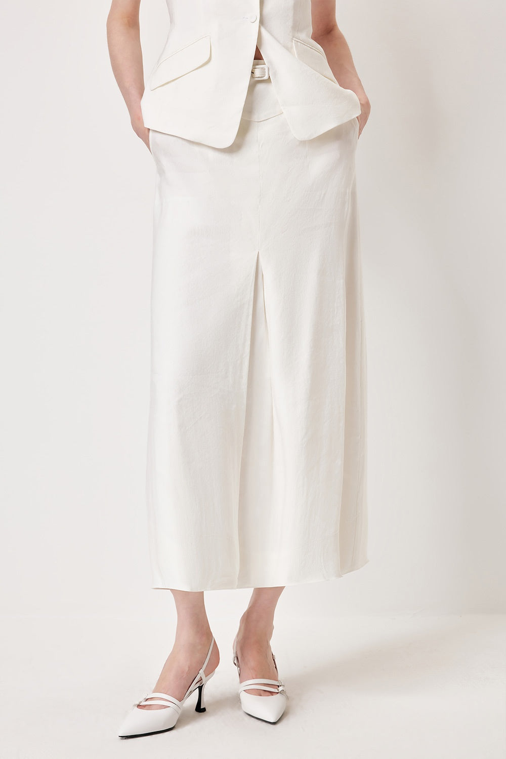MARYLING White High-Waist A-Line Flared Midi Skirts