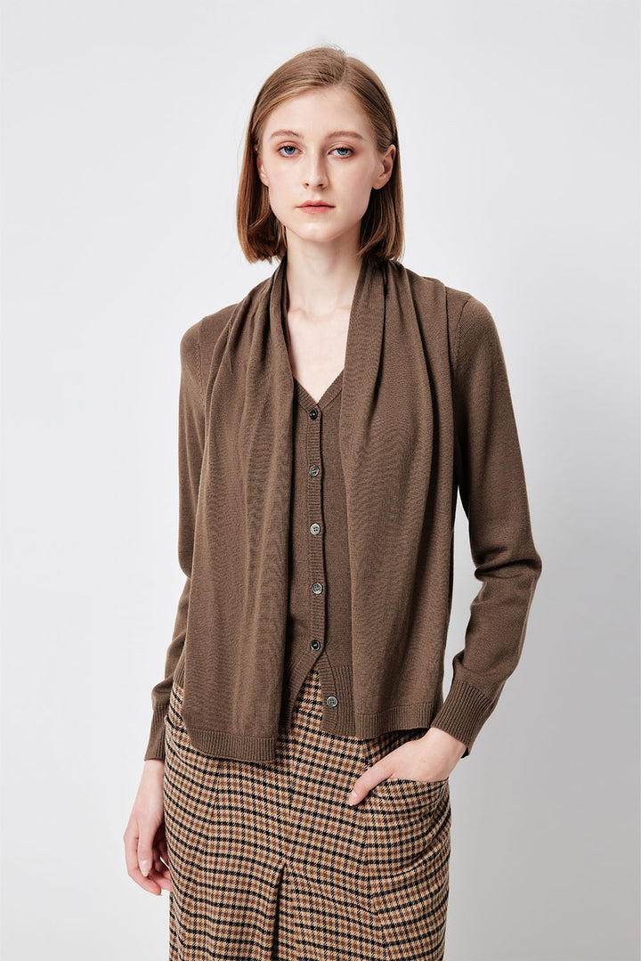 MARYLING Caramel Brown Softly Ribbed Open-Front Long-Sleeve Cardigans