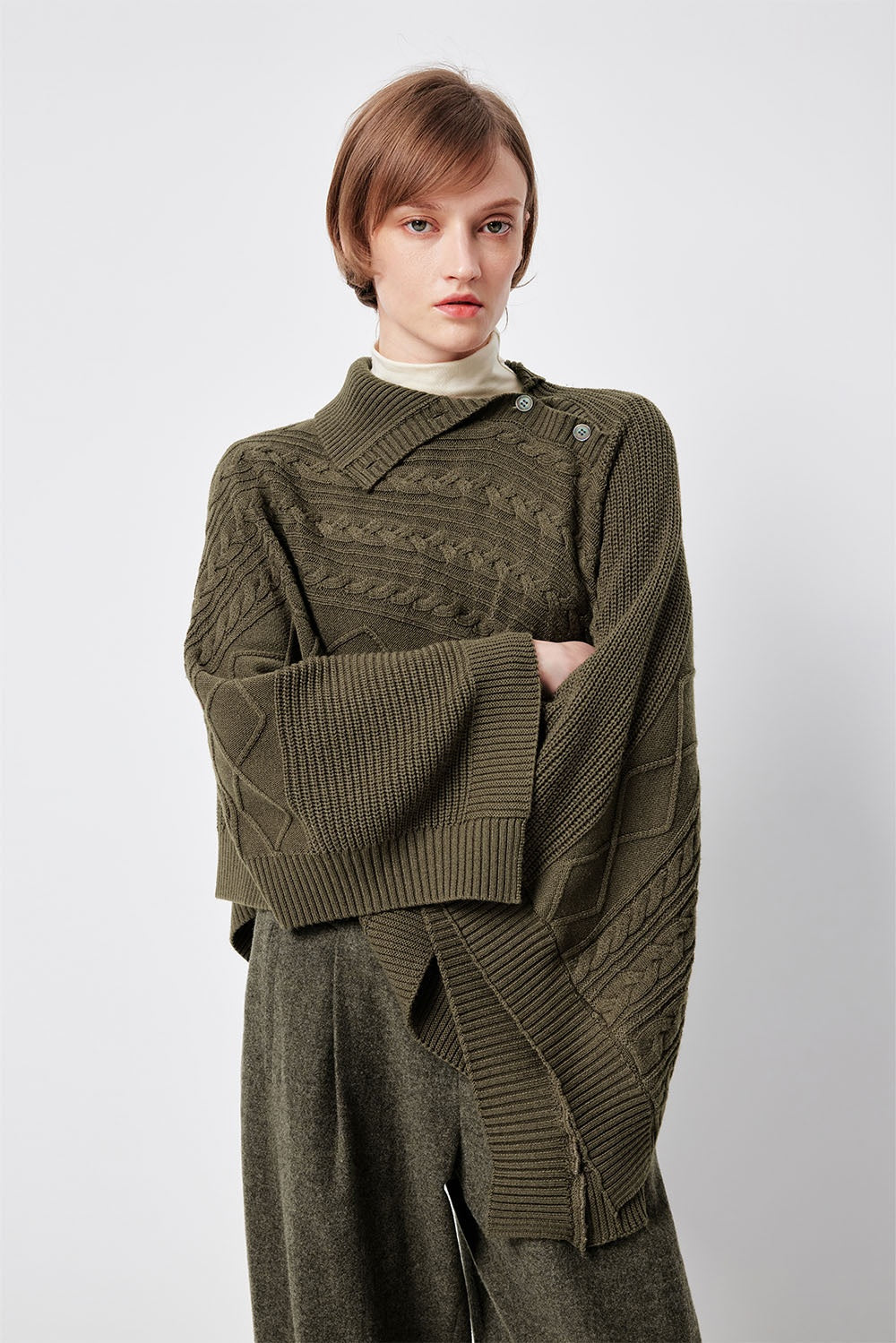 MARYLING Oakwood Draped Asymmetric Knit Cape Sweaters