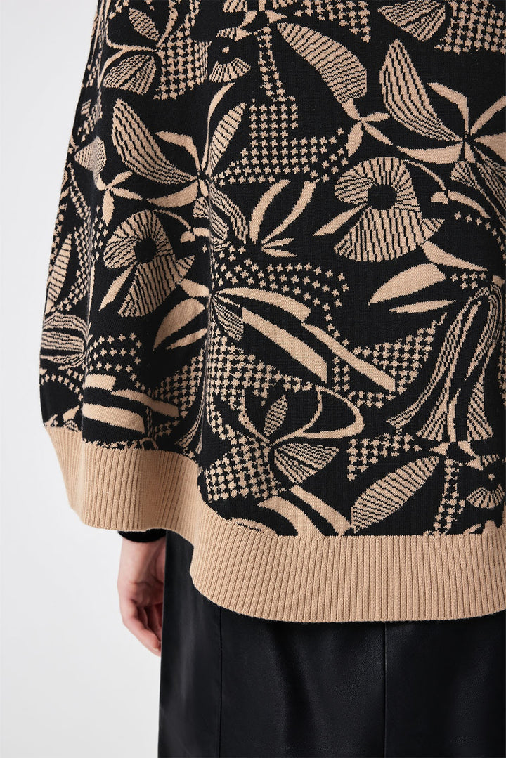 MARYLING Black Coffee Lily of the Valley Botanical Intarsia Relaxed Knit Sweaters