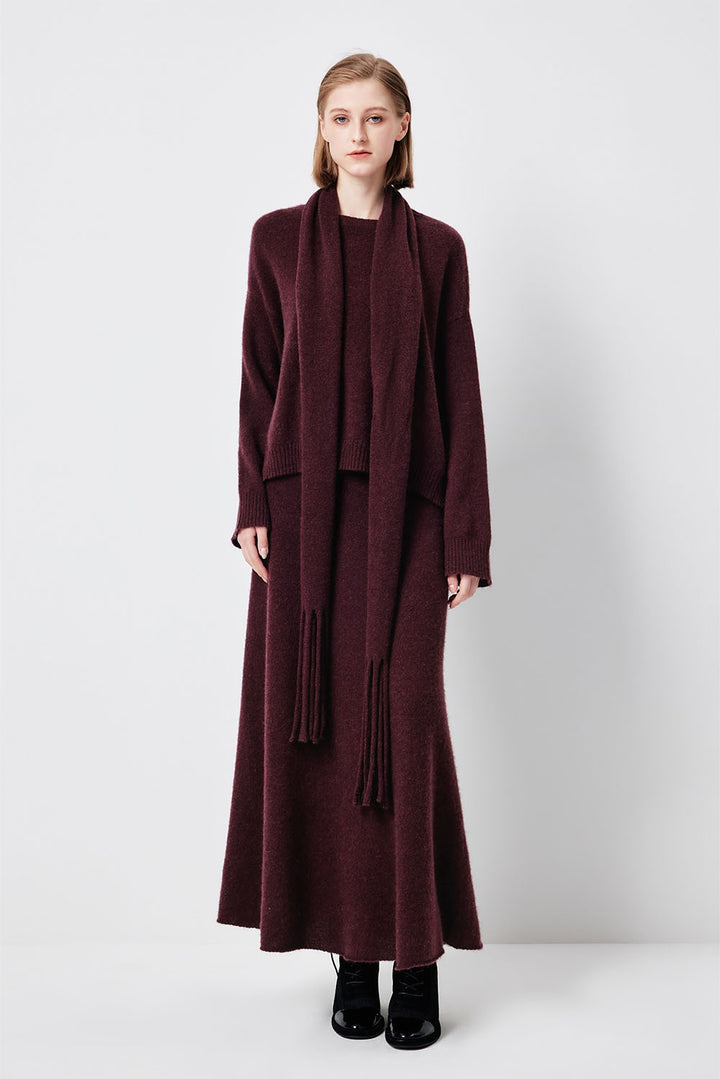 MARYLING Cherry Wine Softly Draped A-Line Knit Midi Skirts