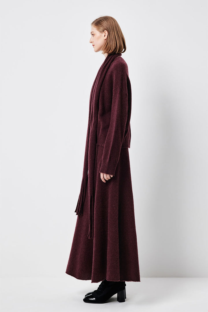MARYLING Cherry Wine Softly Draped A-Line Knit Midi Skirts