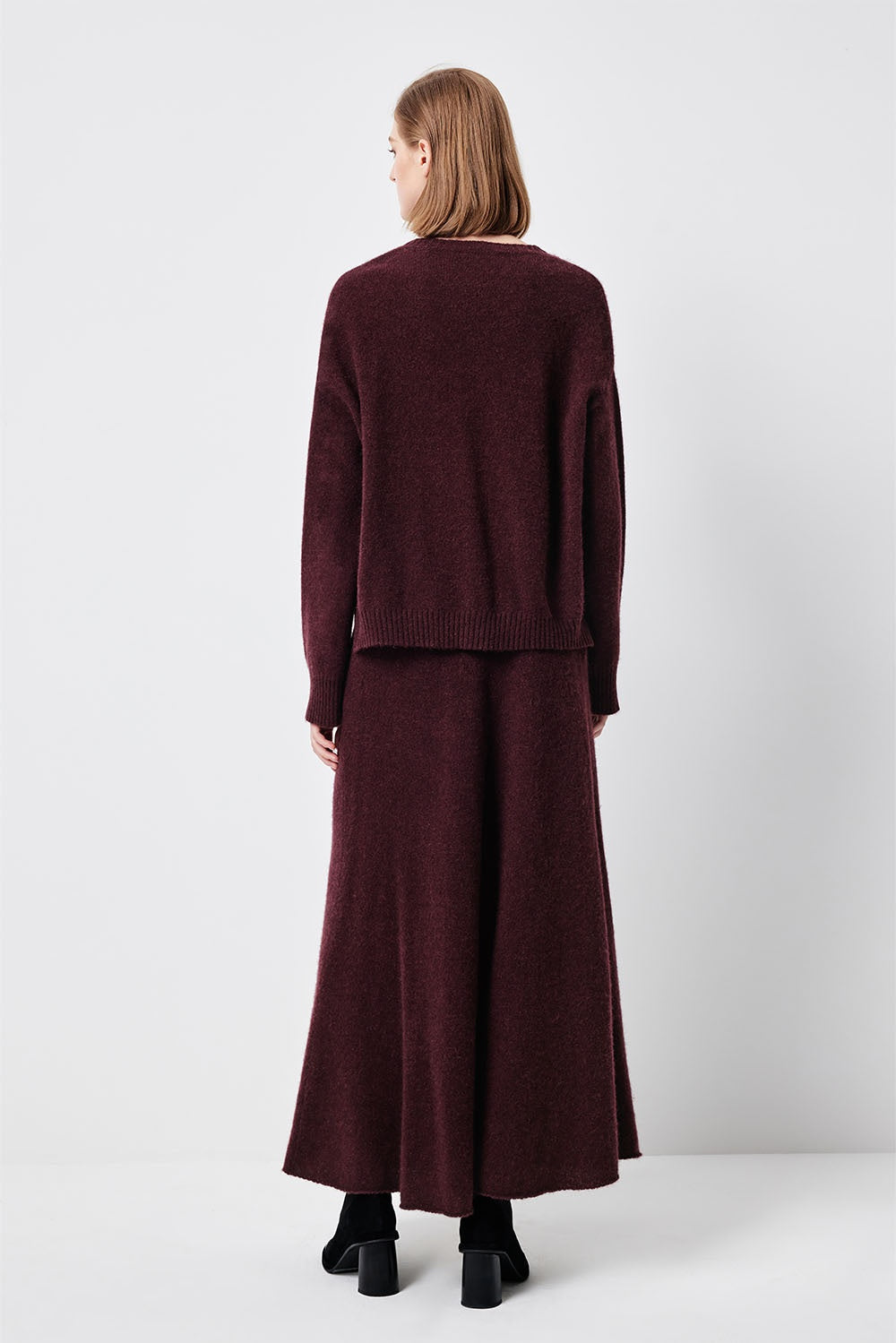 MARYLING Cherry Wine Softly Draped A-Line Knit Midi Skirts