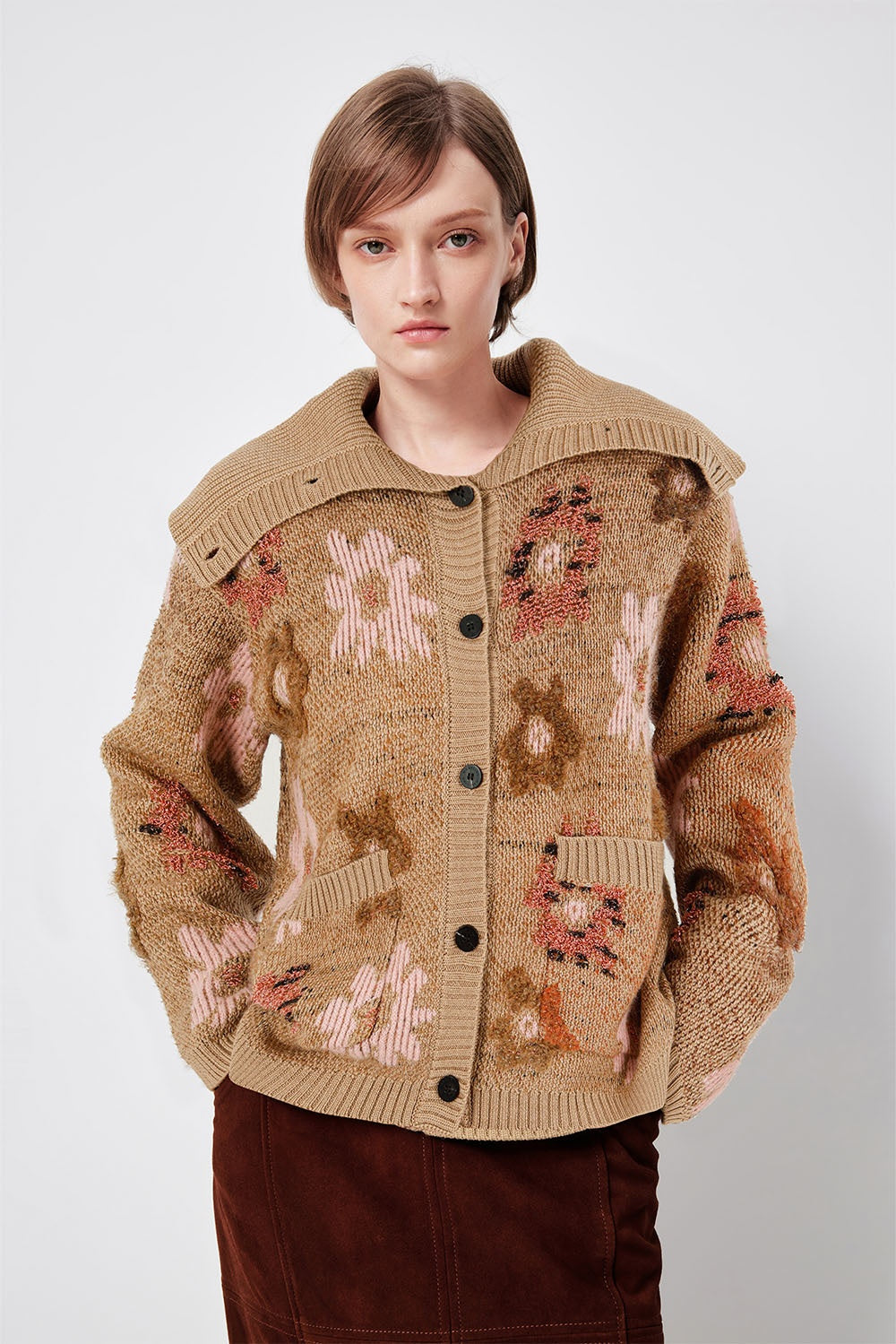 MARYLING Pink Mocha Camellia Blossom Softly Structured Open-Front Knit Cardigans