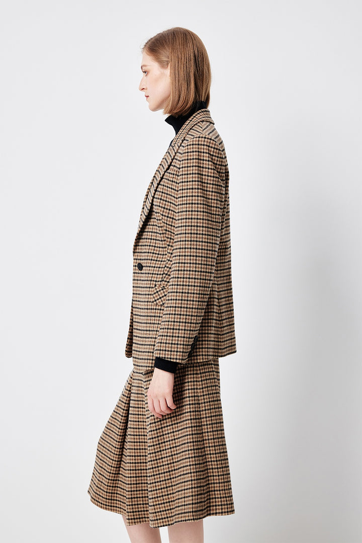 MARYLING Caramel Glen Plaid Sculpted Waist-Defined Long-Sleeve Tailored Jackets