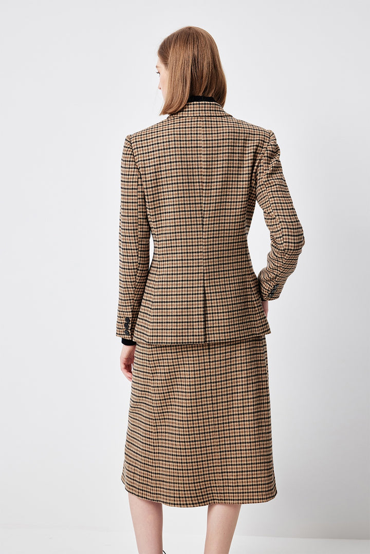 MARYLING Caramel Glen Plaid Sculpted Waist-Defined Long-Sleeve Tailored Jackets