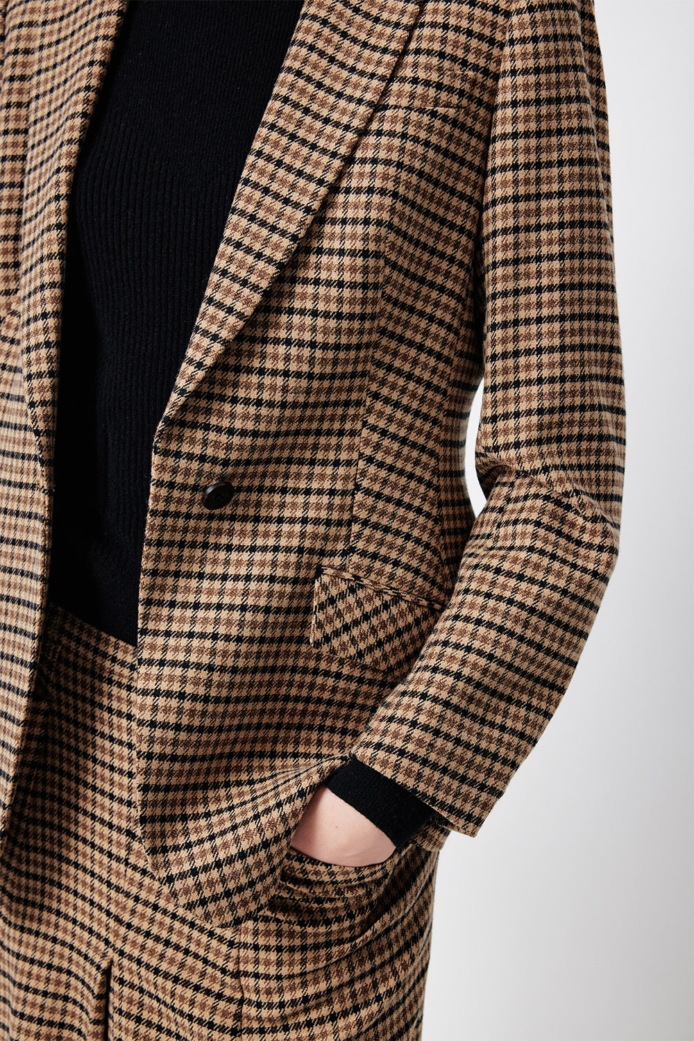 MARYLING Caramel Glen Plaid Sculpted Waist-Defined Long-Sleeve Tailored Jackets
