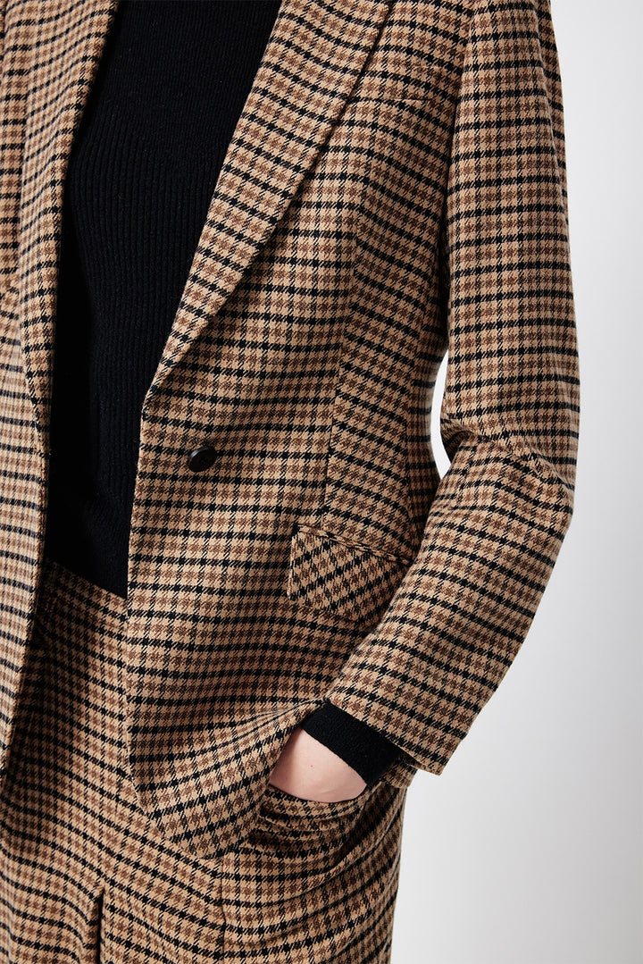 MARYLING Caramel Glen Plaid Sculpted Waist-Defined Long-Sleeve Tailored Jackets
