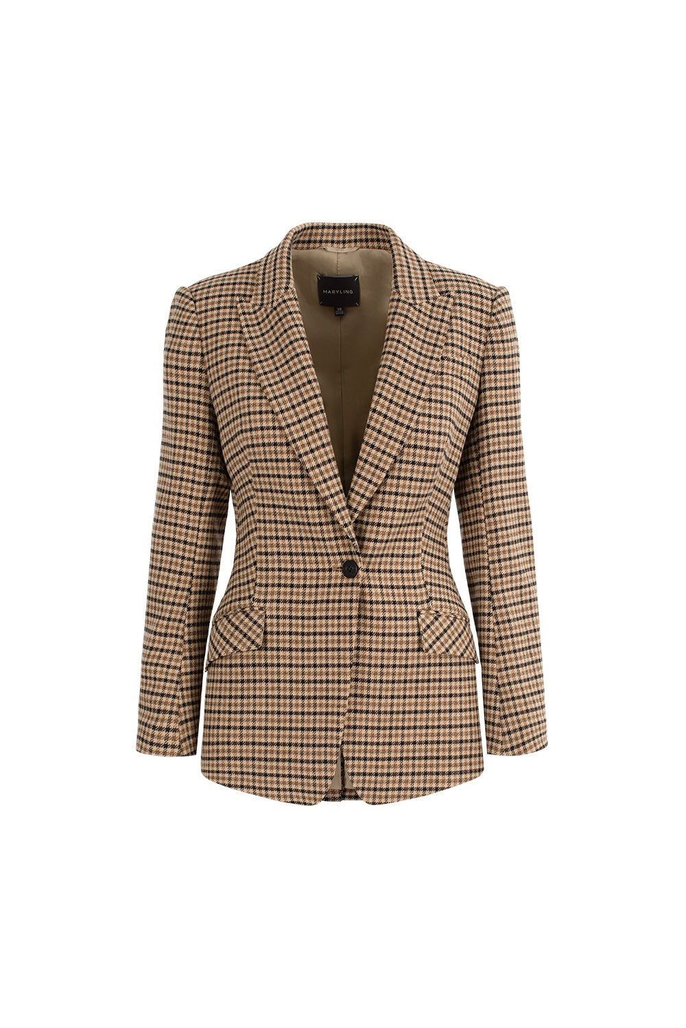 MARYLING Caramel Glen Plaid Sculpted Waist-Defined Long-Sleeve Tailored Jackets