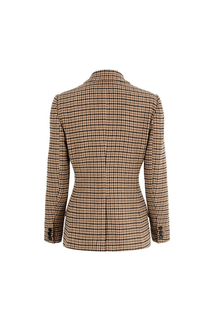 MARYLING Caramel Glen Plaid Sculpted Waist-Defined Long-Sleeve Tailored Jackets