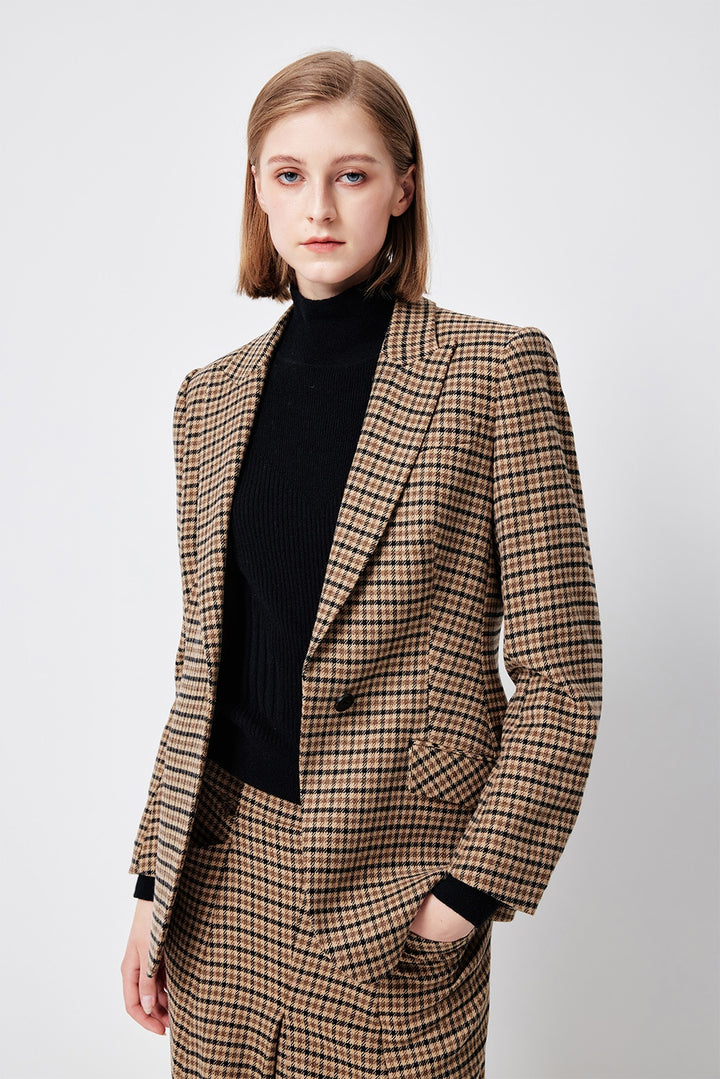 MARYLING Caramel Glen Plaid Sculpted Waist-Defined Long-Sleeve Tailored Jackets