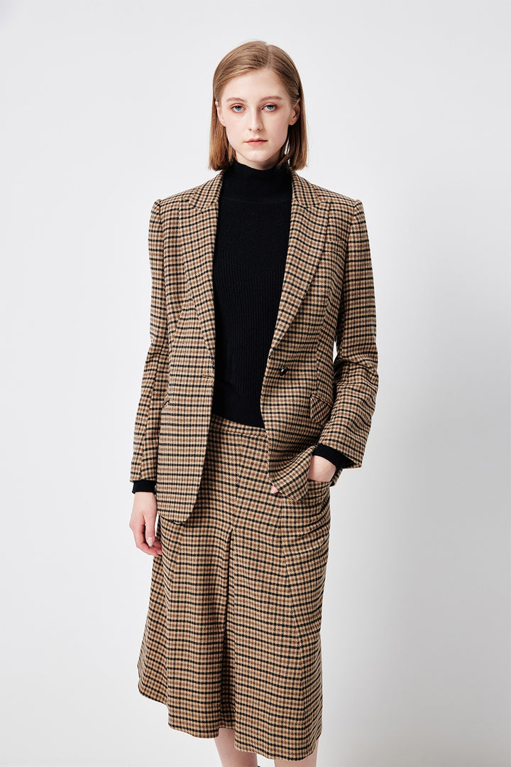 MARYLING Caramel Glen Plaid Sculpted Waist-Defined Long-Sleeve Tailored Jackets