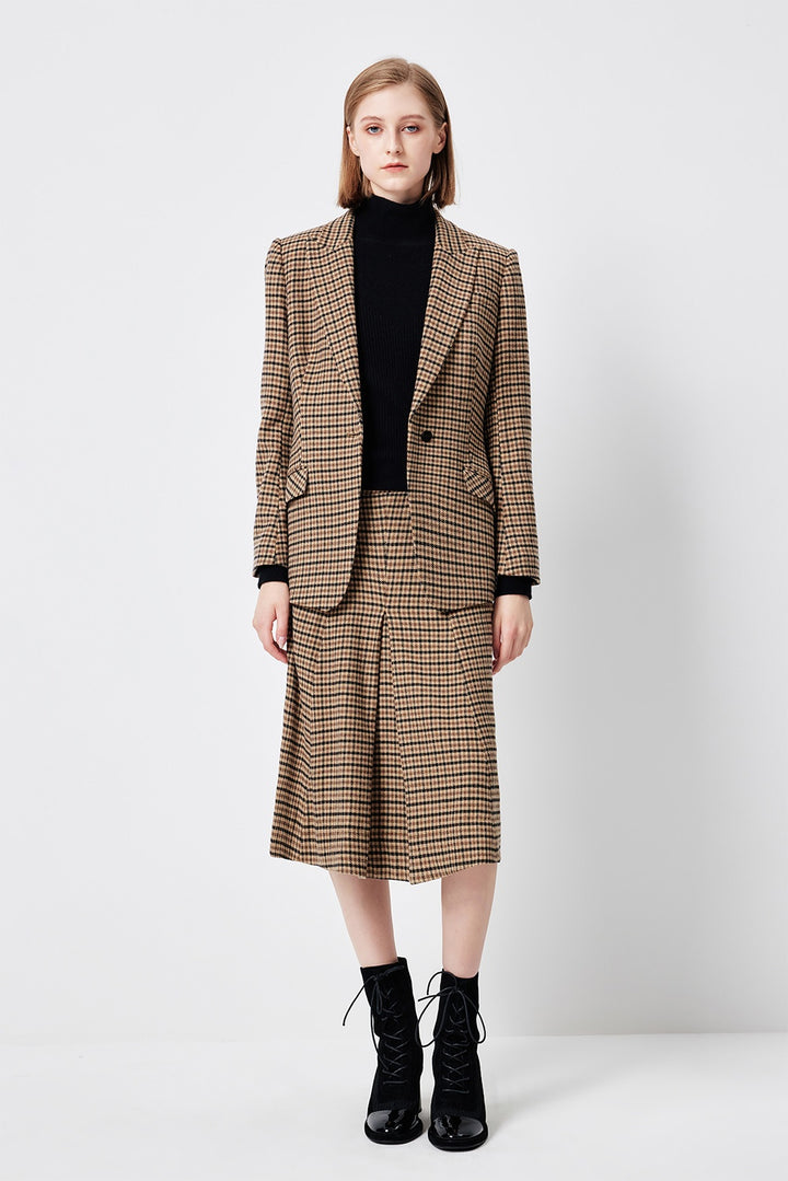 MARYLING Caramel Glen Plaid Sculpted Waist-Defined Long-Sleeve Tailored Jackets
