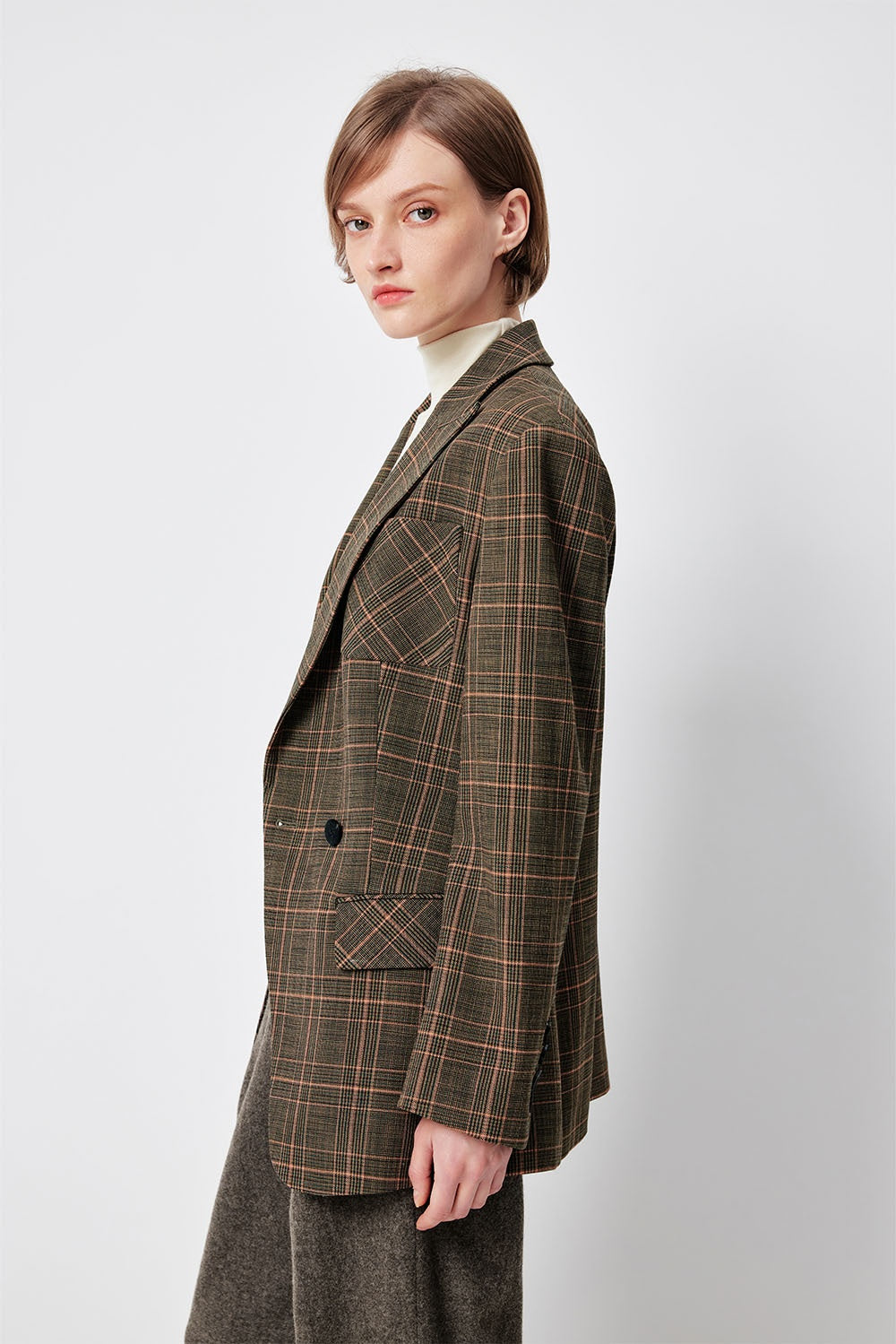MARYLING Green-Pink Check Sculpted Waist Double-Breasted Tailored Blazers