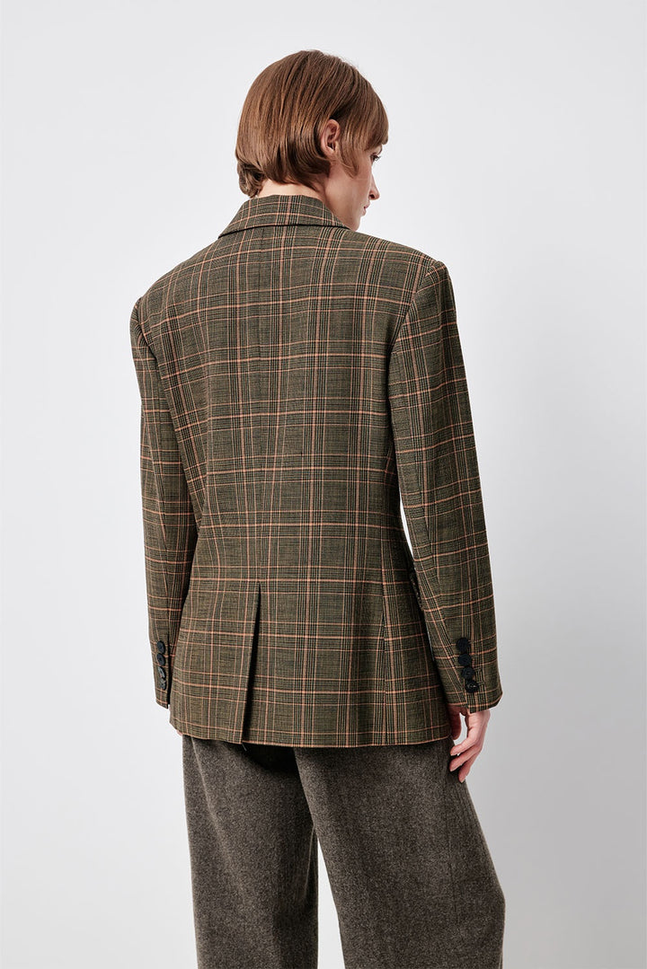 MARYLING Green-Pink Check Sculpted Waist Double-Breasted Tailored Blazers