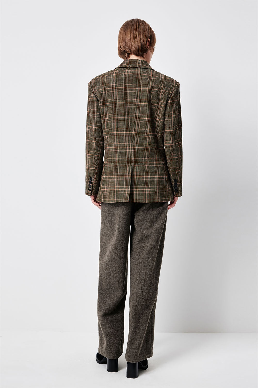 MARYLING Green-Pink Check Sculpted Waist Double-Breasted Tailored Blazers