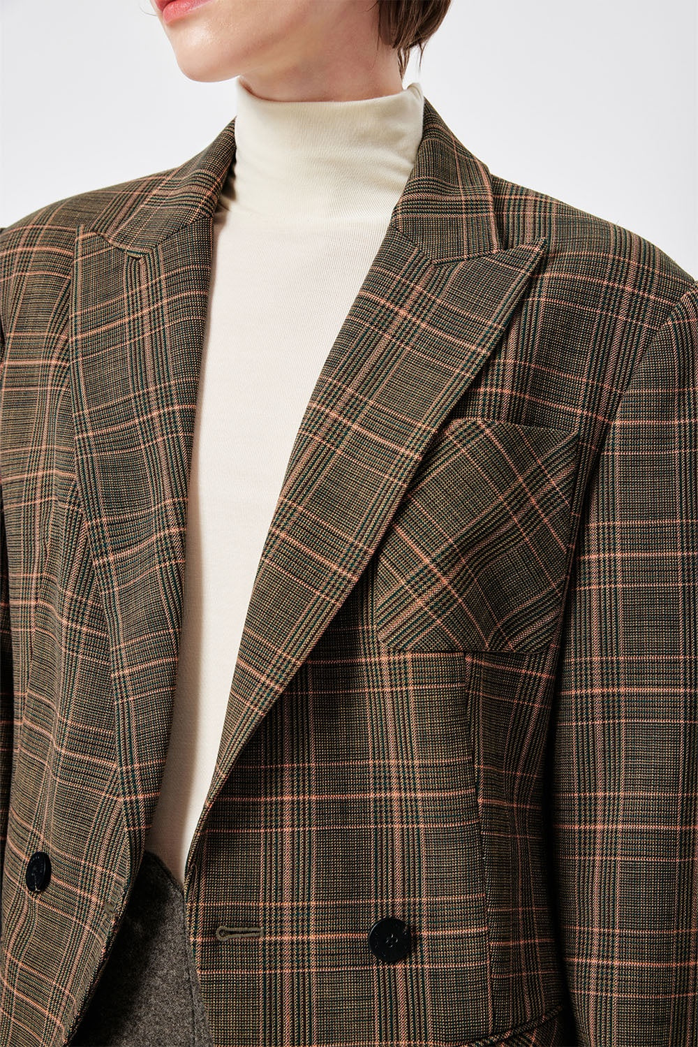 MARYLING Green-Pink Check Sculpted Waist Double-Breasted Tailored Blazers