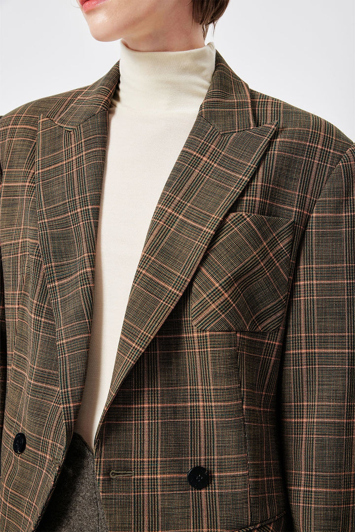 MARYLING Green-Pink Check Sculpted Waist Double-Breasted Tailored Blazers