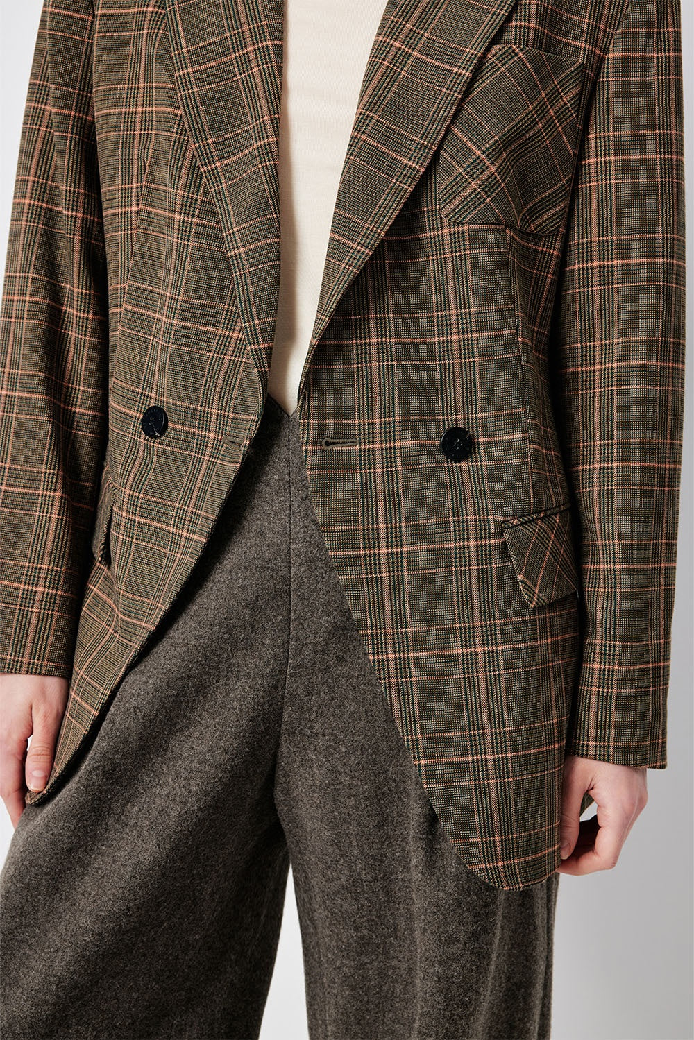 MARYLING Green-Pink Check Sculpted Waist Double-Breasted Tailored Blazers