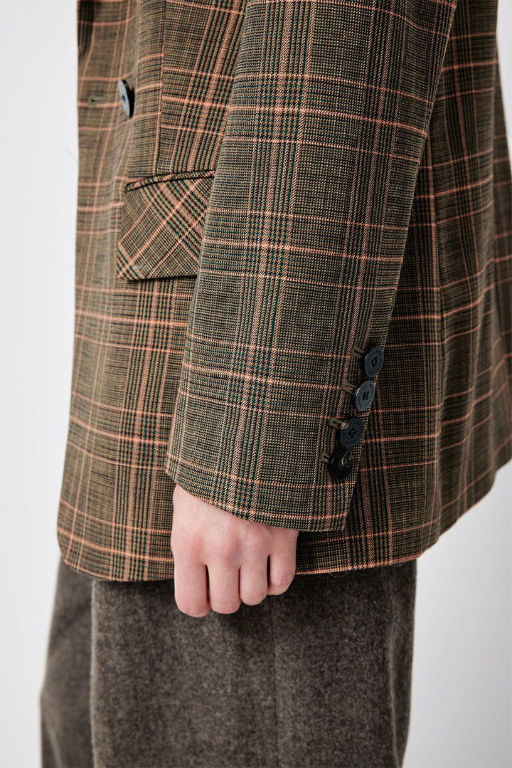 MARYLING Green-Pink Check Sculpted Waist Double-Breasted Tailored Blazers