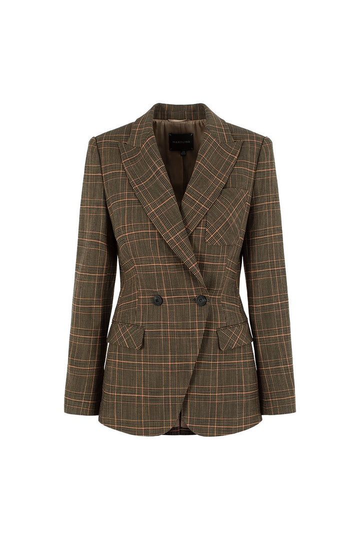 MARYLING Green-Pink Check Sculpted Waist Double-Breasted Tailored Blazers