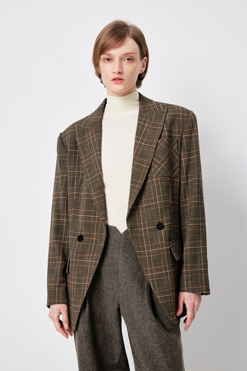 MARYLING Green-Pink Check Sculpted Waist Double-Breasted Tailored Blazers