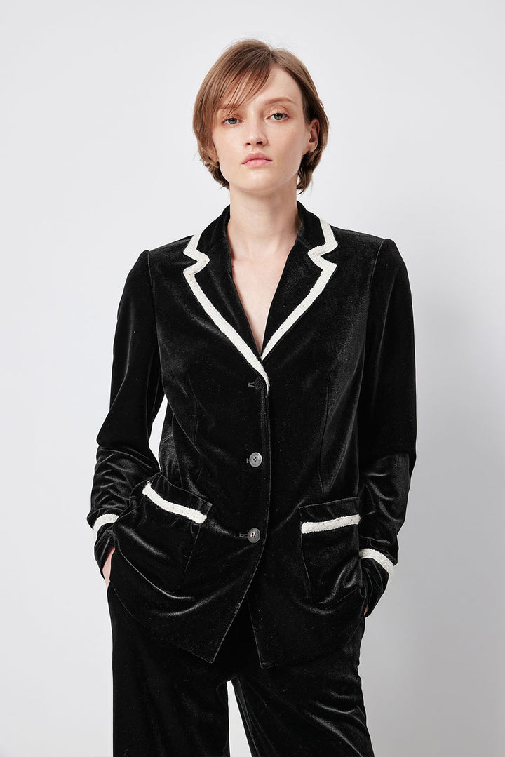 MARYLING Midnight Noir Contrast-Trim Sculpted Waist Tailored Jackets