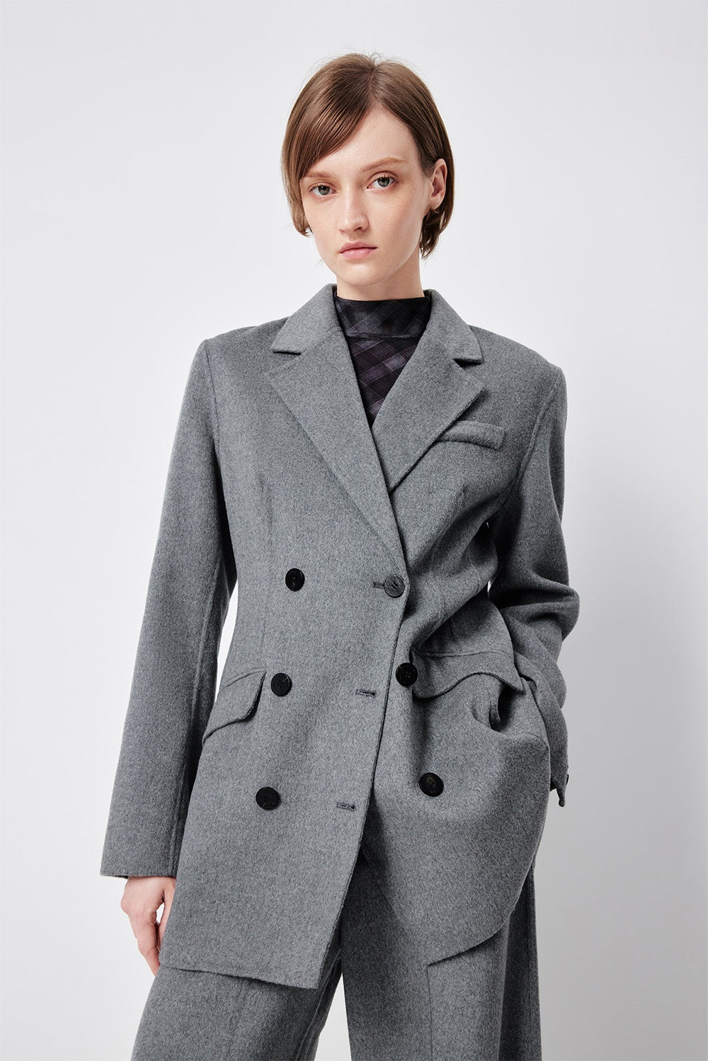 MARYLING Timeless Grey Double-Breasted Sculpted Waist Tailored Blazers
