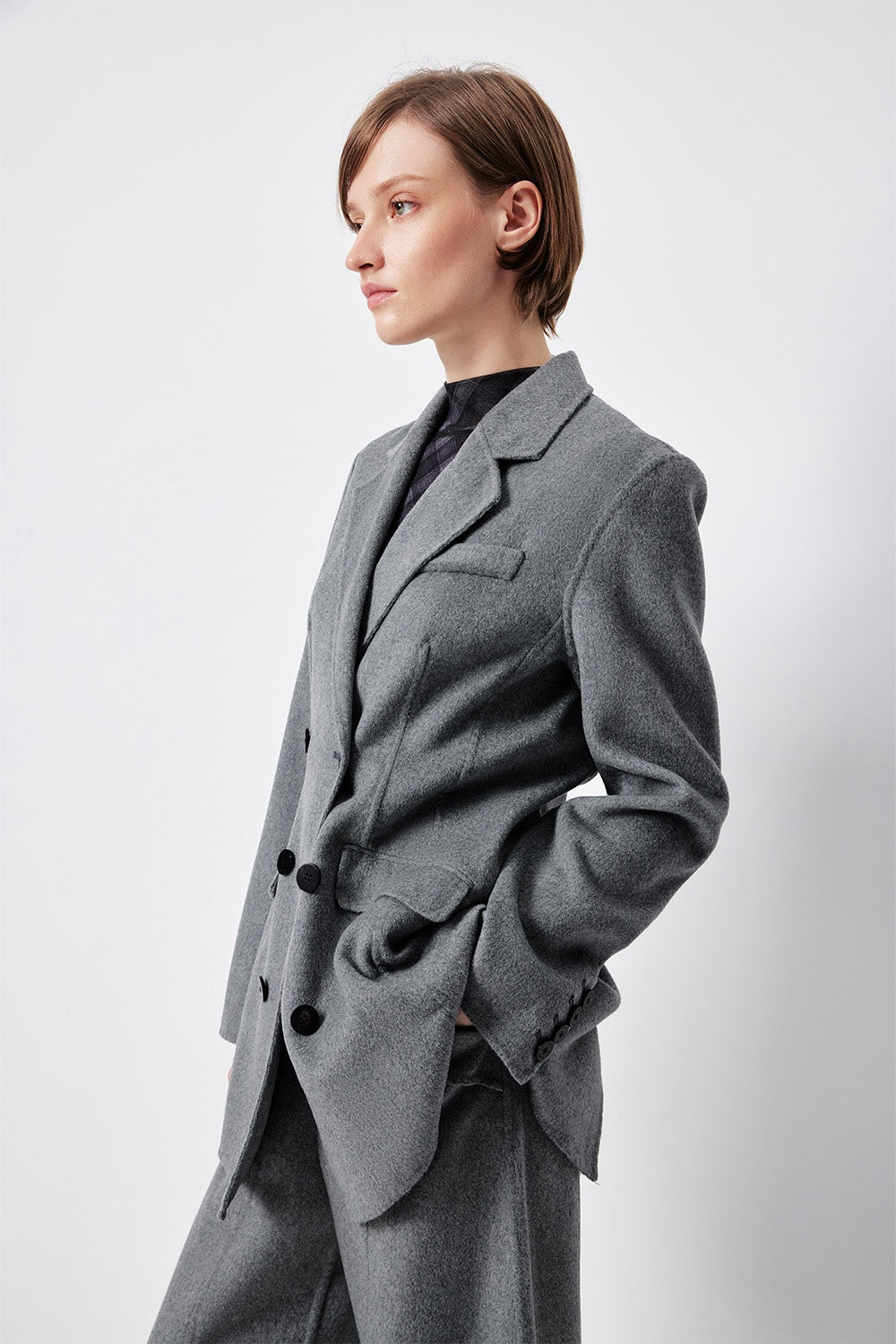 MARYLING Timeless Grey Double-Breasted Sculpted Waist Tailored Blazers