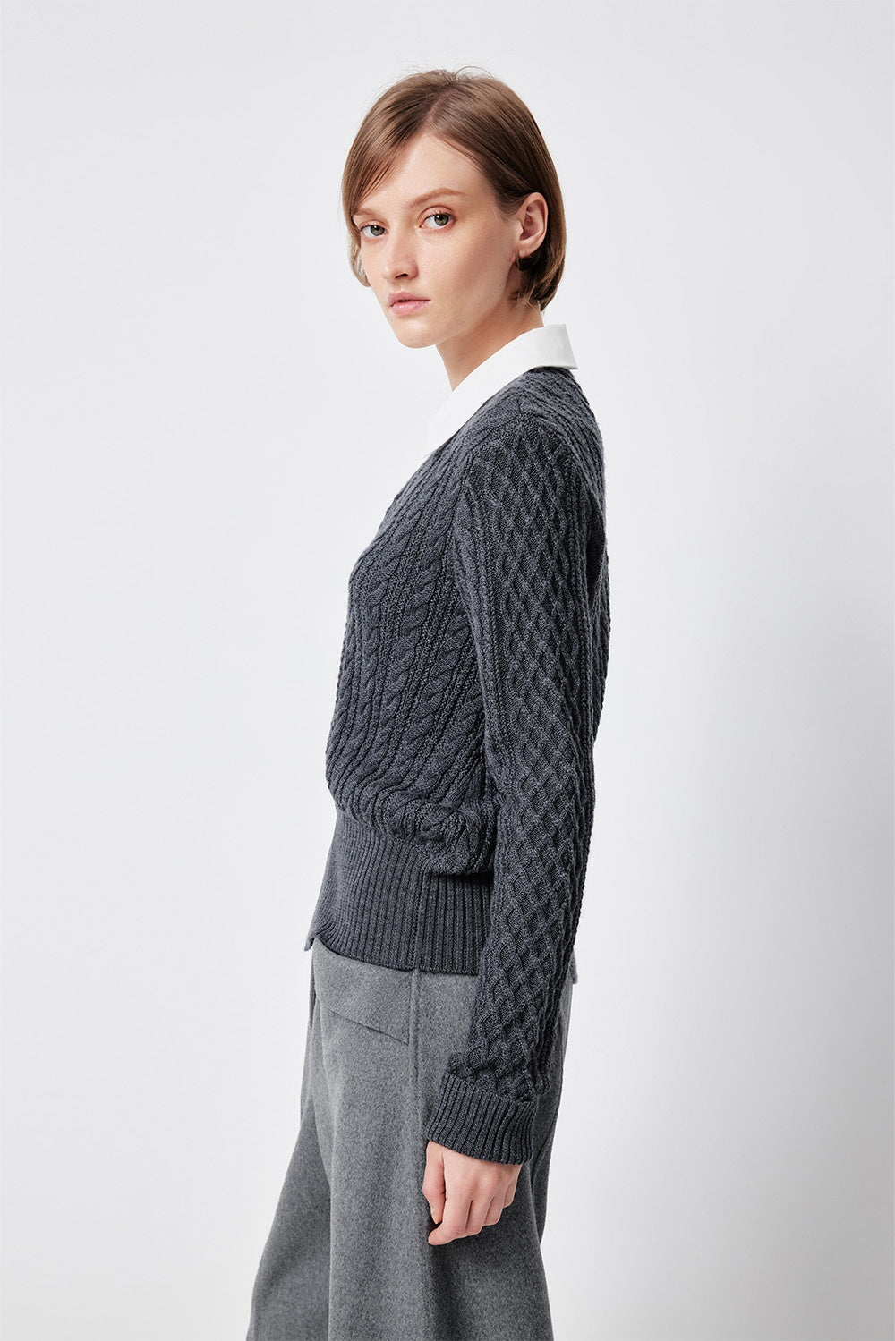 MARYLING Ash Grey Layered-Collar Cable Knit Sweaters