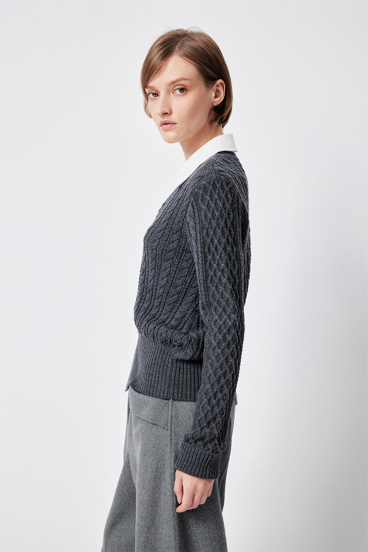 MARYLING Ash Grey Layered-Collar Cable Knit Sweaters