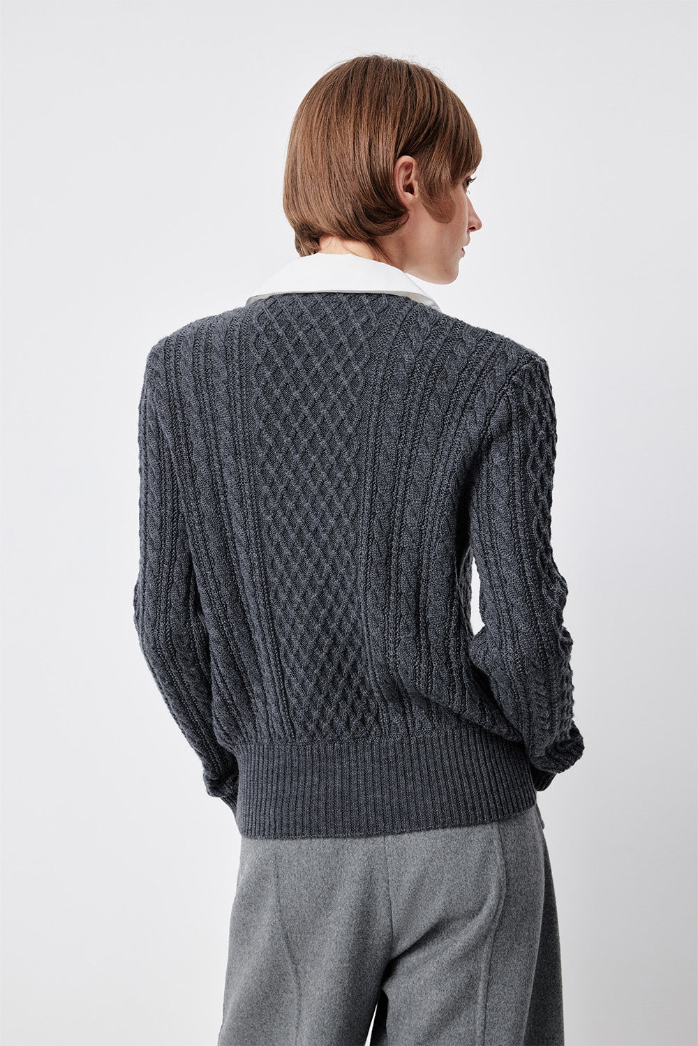 MARYLING Ash Grey Layered-Collar Cable Knit Sweaters