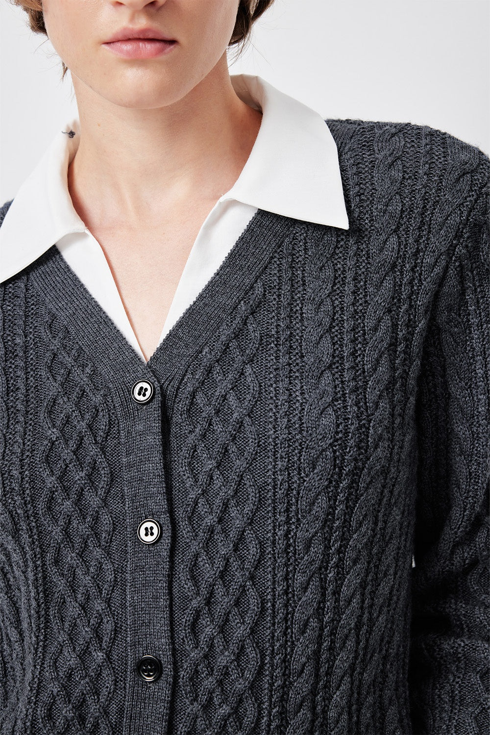 MARYLING Ash Grey Layered-Collar Cable Knit Sweaters